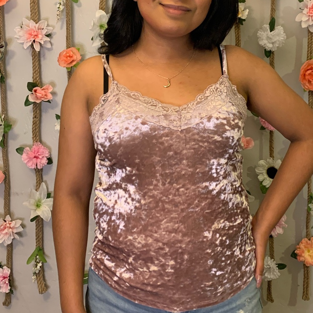 Mauveish pink velvet cami top with pink lace trim